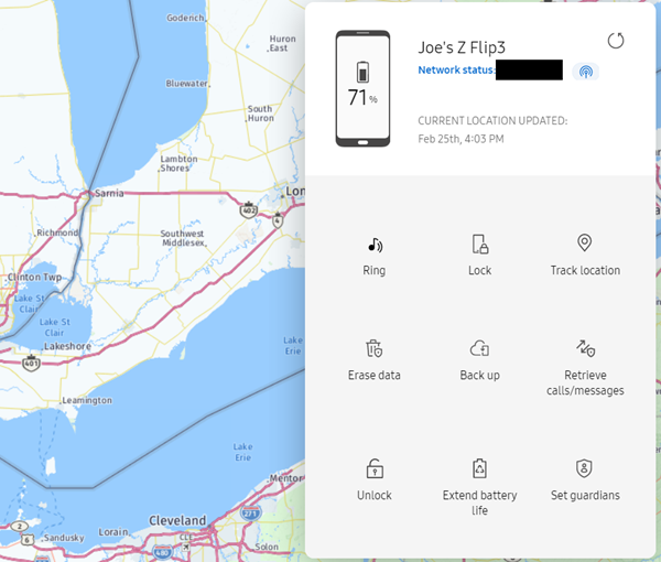 Панель инструментов Find My Mobile с вариантами действий.