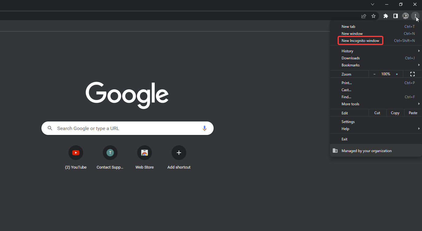Пункт меню «Новое окно в режиме инкогнито»