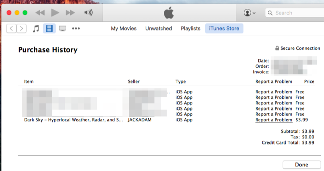 Ссылка «Report a Problem» рядом с покупкой