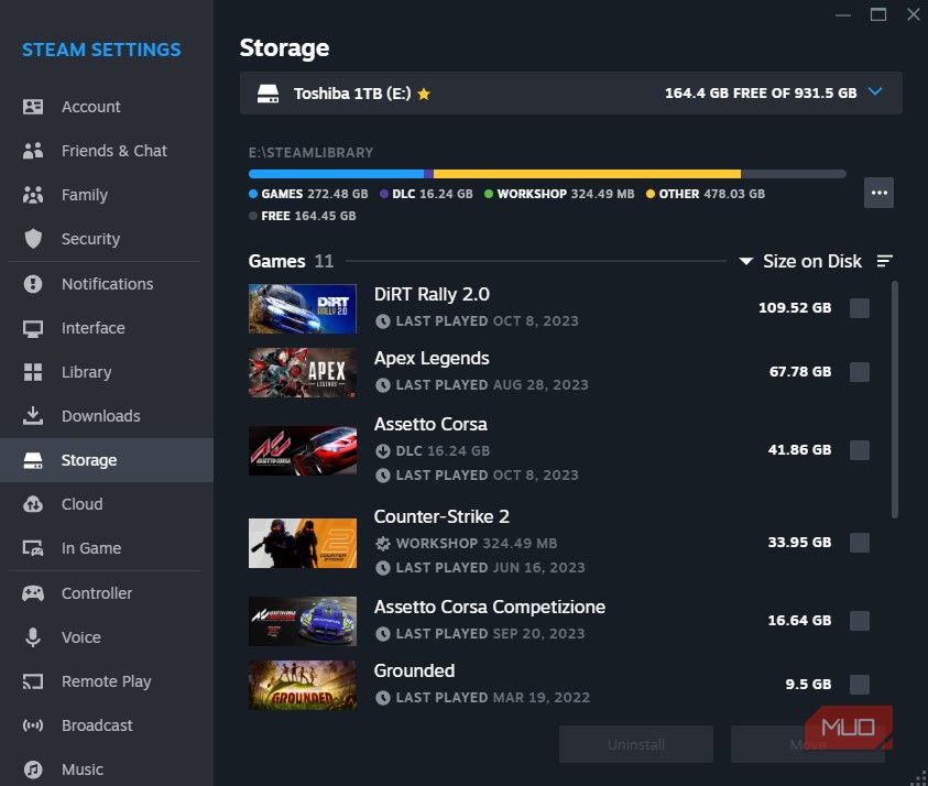 Интерфейс менеджера хранения Steam с таблицей игр и колонками
