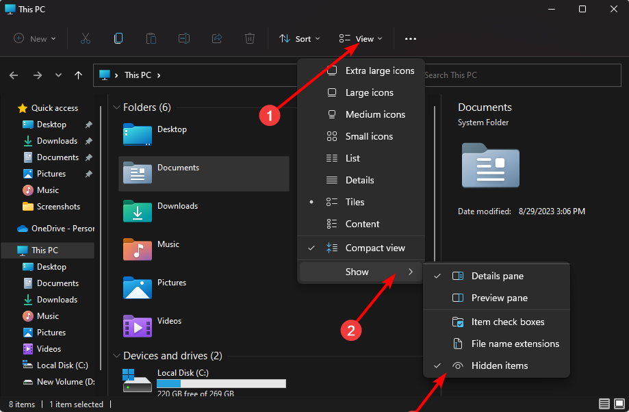 Пункт меню Показать скрытые элементы в Проводнике Windows