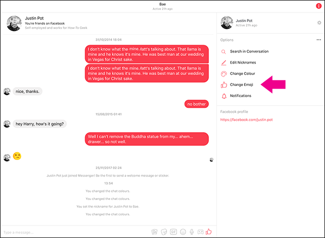 Боковая панель Messenger с опцией изменения эмодзи и никнеймов