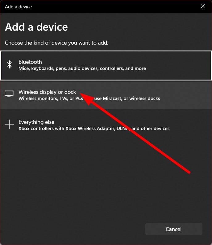 Выбор беспроводного дисплея в Windows