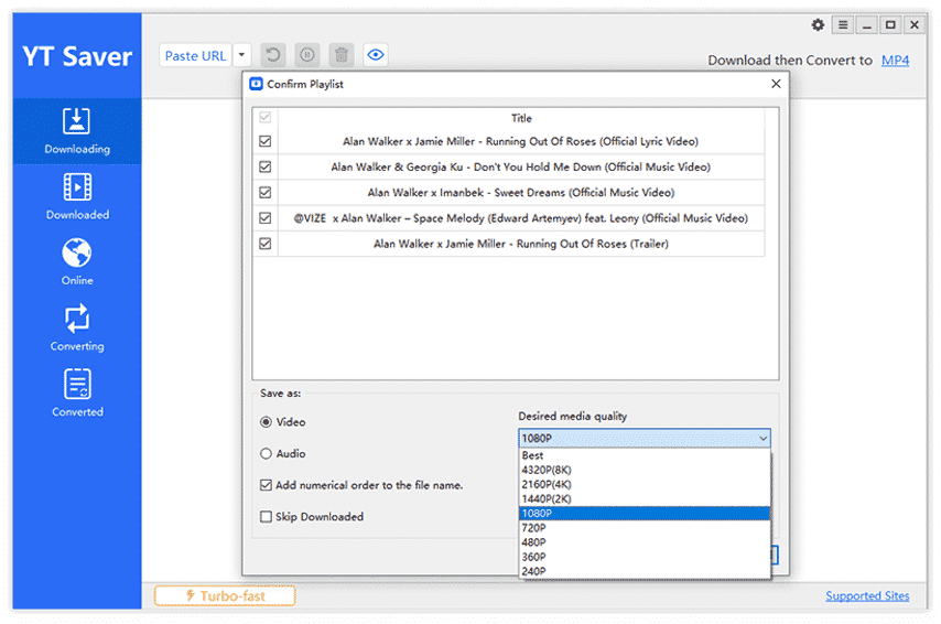 Окно выбора формата: видео и аудио опции