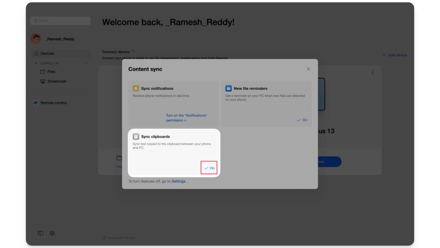 ensure sync clipboard feature is turned on