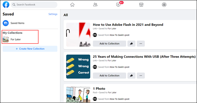 Сохранённые элементы и список коллекций в правой панели