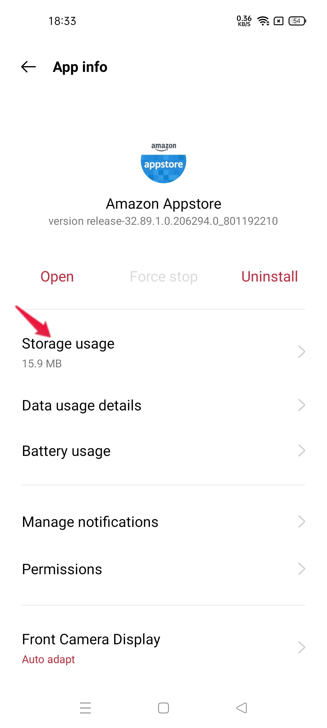 Écran d'utilisation du stockage de l'application