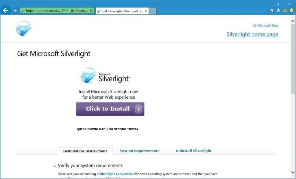 Страница загрузки Microsoft Silverlight со ссылкой на инсталлятор