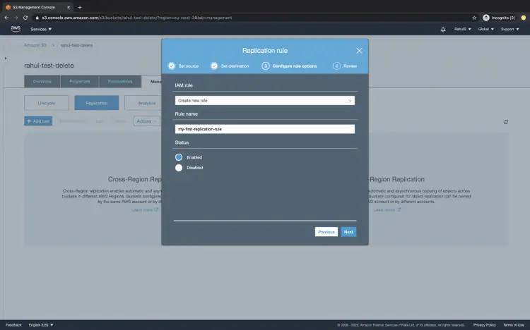 Настройка параметров правила репликации