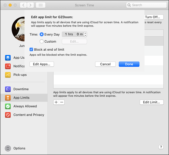 Меню редактирования лимита приложения в macOS