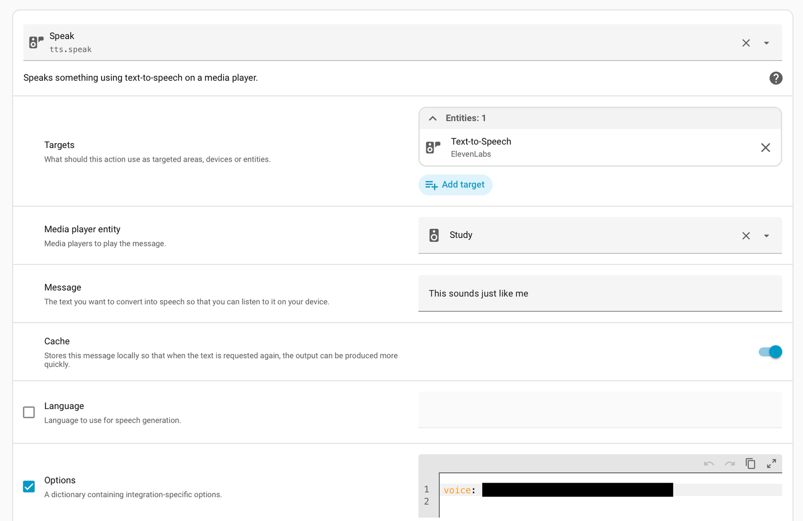 Демонстрация использования action tts.speak в Home Assistant для воспроизведения через HomePod mini с указанием Voice ID.