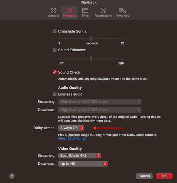 Выберите всегда включено или автоматически рядом с параметром Dolby Atmos в настройках воспроизведения.