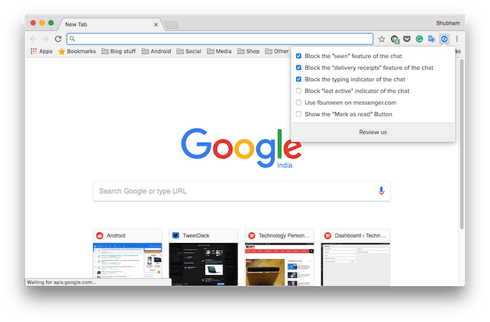 скриншот расширения Unseen для Chrome: чтение сообщений Facebook без отметок 'прочитано'