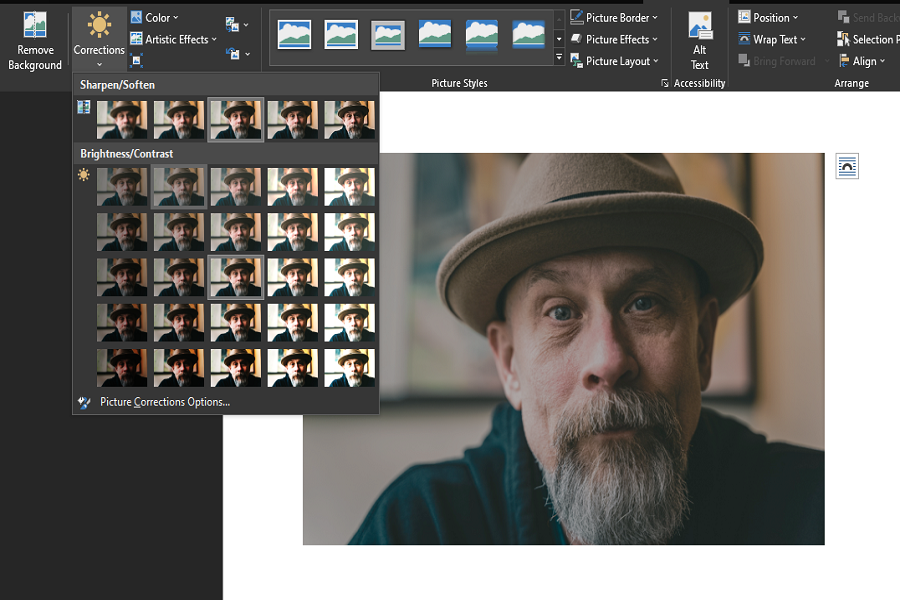 Предпросмотр пресетов коррекции яркости и контраста в Microsoft Word