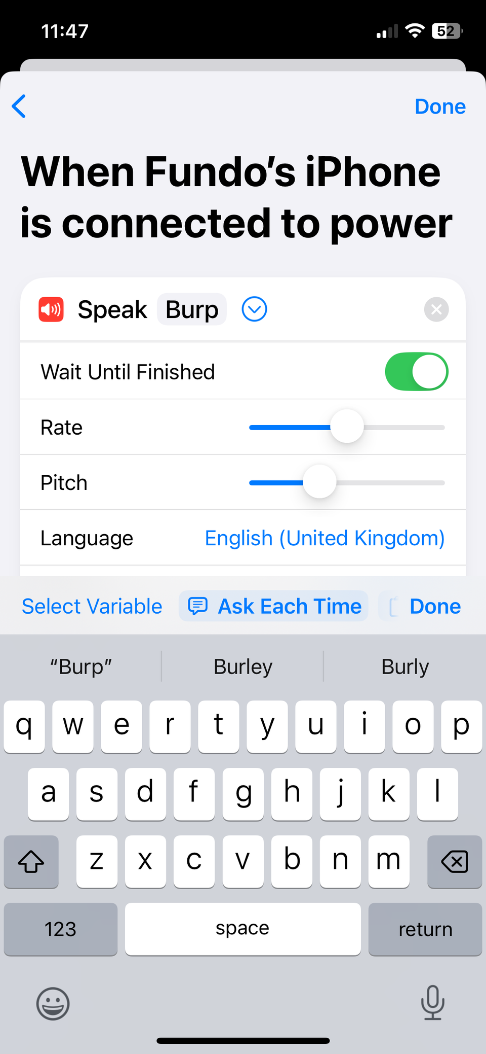 Редактирование действия Speak Text в приложении «Быстрые команды» на iPhone