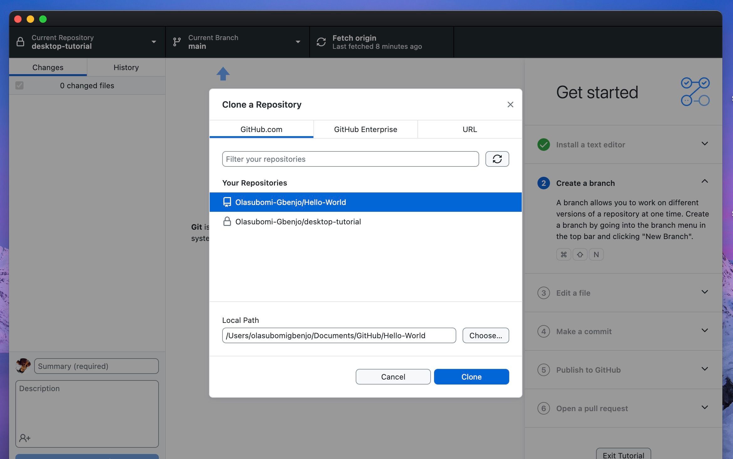 Clone a repository window in GitHub Desktop