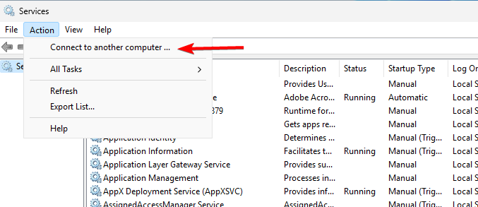 меню Services с пунктом подключиться к другому компьютеру