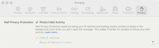 Отметьте флажок «Защитить активность почты» в настройках Mail на Mac.