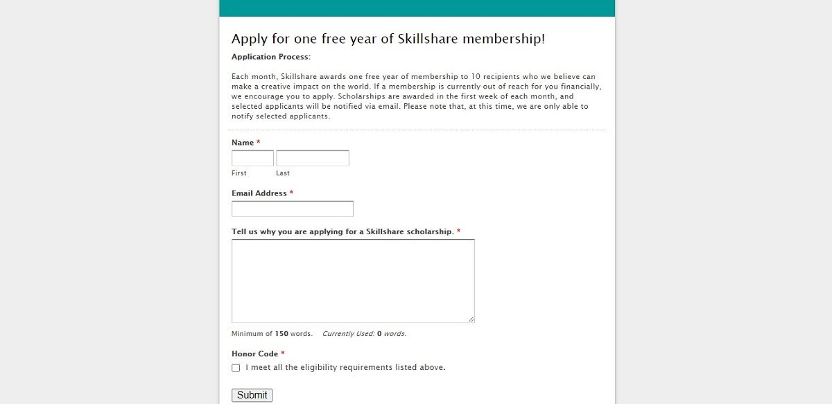 Пример стандартной формы заявки на стипендию Skillshare