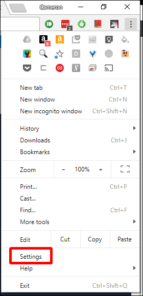 Скриншот: меню Chrome с пунктом Настройки