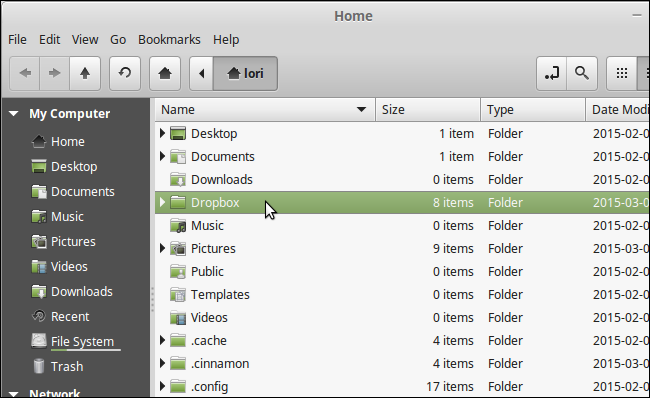 Открытие папки Dropbox в Linux