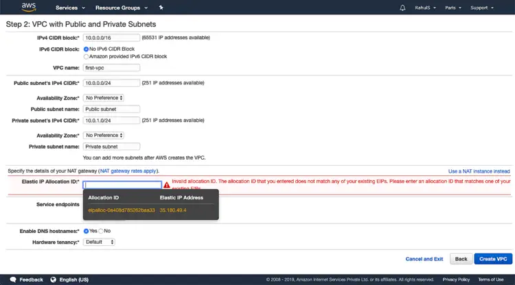 Allocation ID и информация о выделенном Elastic IP