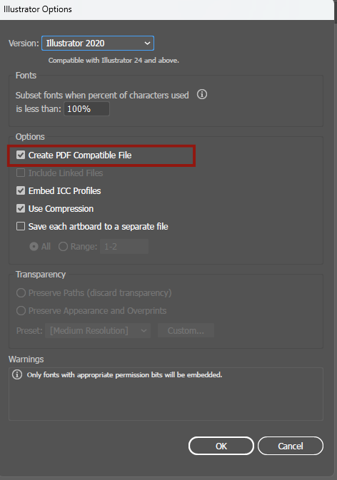 Опция Create PDF Compatible File в Adobe Illustrator