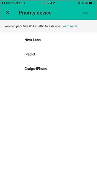 Список подключённых устройств в Google WiFi: выберите устройство для приоритизации