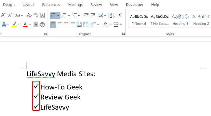 Список маркеров с галочками в документе.
