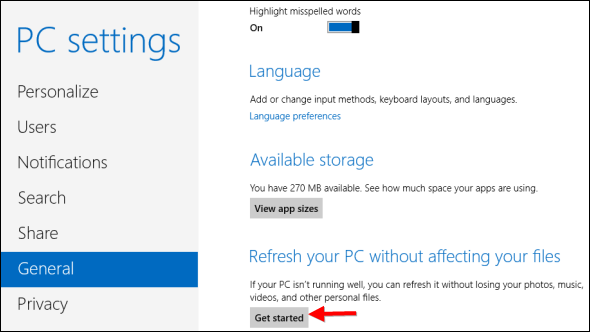 Параметры обновления ПК в Windows 8