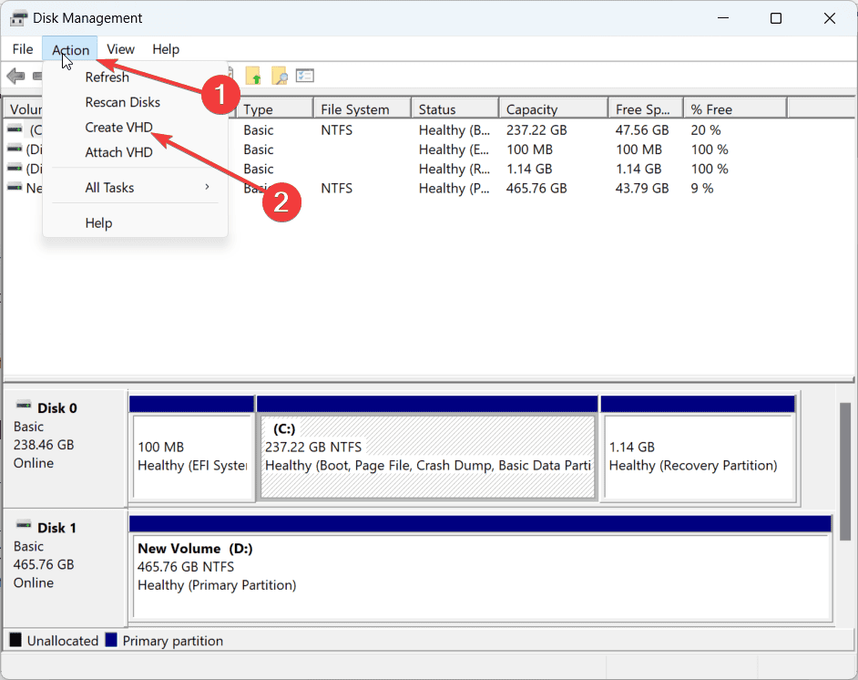 Создание VHD в Управлении дисками Windows
