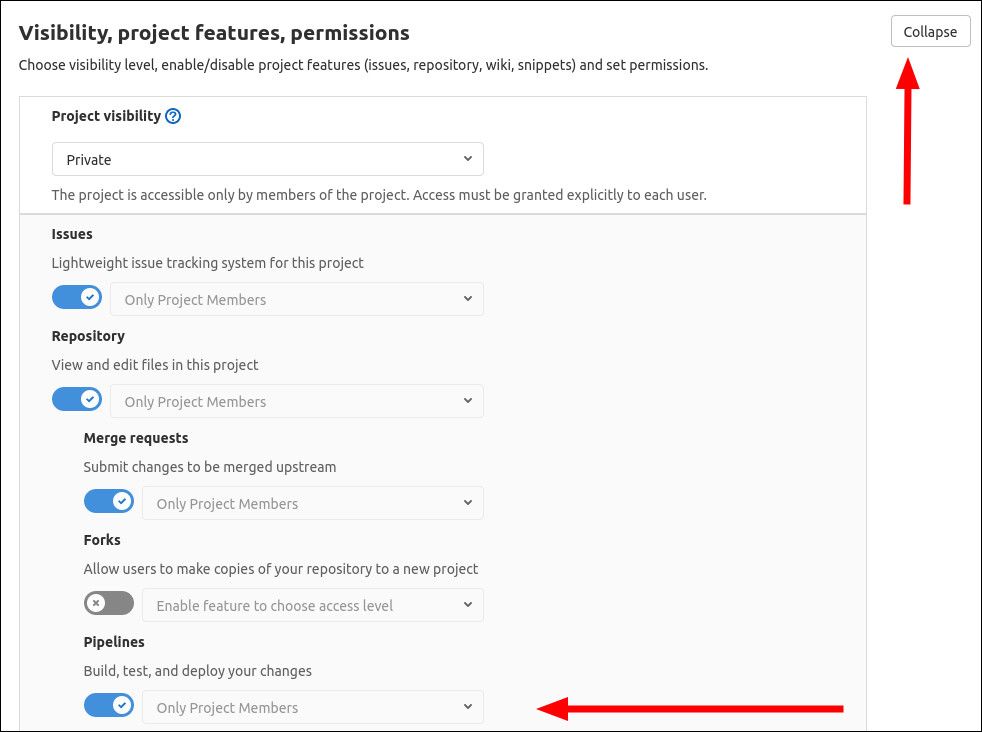 Включение Pipelines в настройках проекта