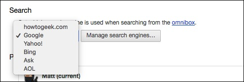 Выбор поисковой системы по умолчанию (поле 'Google')