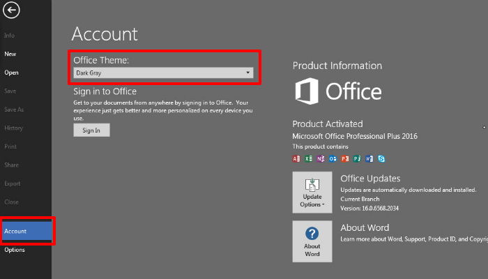 Настройки тёмной темы в Microsoft Word — выбор темы Office