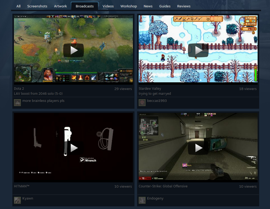 Список доступных трансляций в Steam