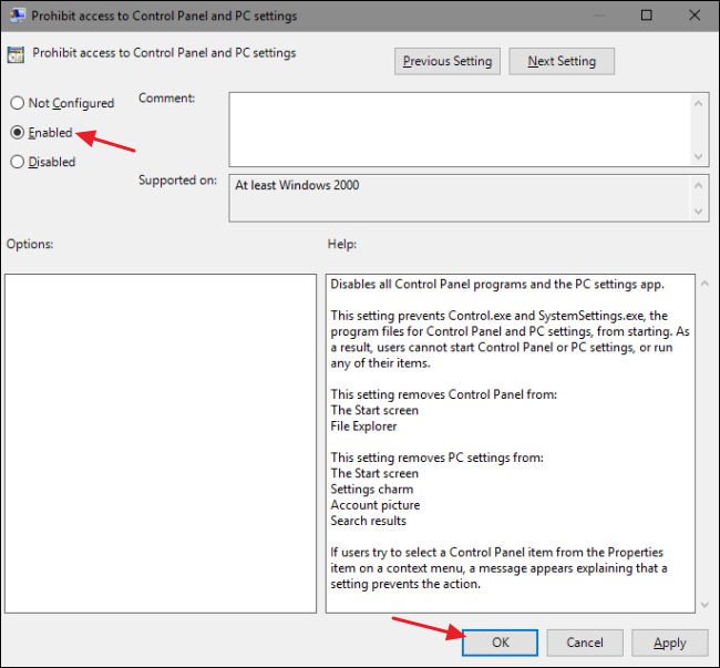 Скриншот: включение политики запрета доступа к Панели управления