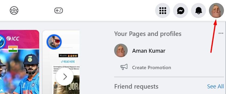 Иконка профиля в верхнем правом углу сайта Facebook.