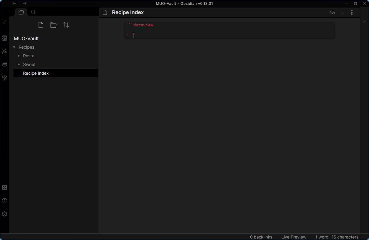 Пустой Dataview‑блок в заметке, готовый для заполнения LIST/TABLE/TASK
