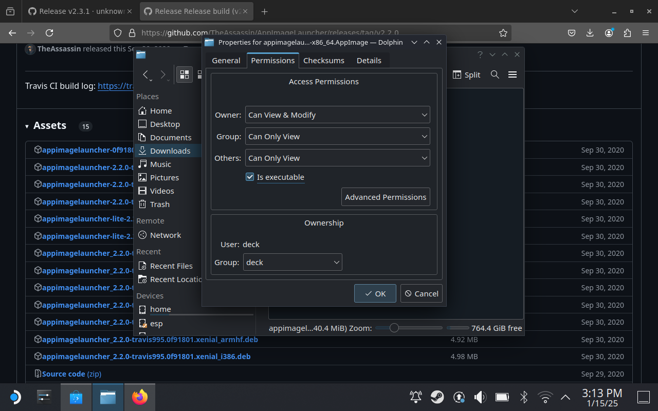 Делаем инсталлятор AppImageLauncher исполняемым.