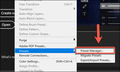 Чтобы загрузить кисти в Photoshop, нажмите Edit > Presets > Preset Manager.