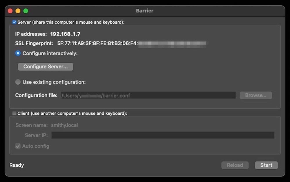 Окно настройки Barrier на macOS, расположение экранов