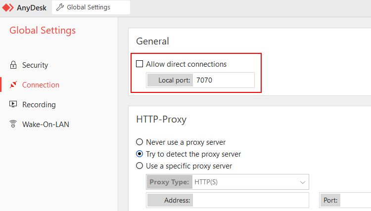 Настройки подключения AnyDesk