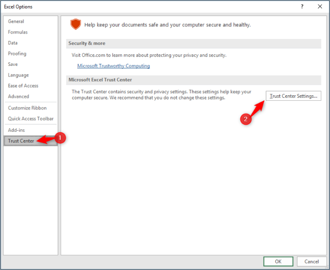 Окно центра управления безопасностью (Trust Center)