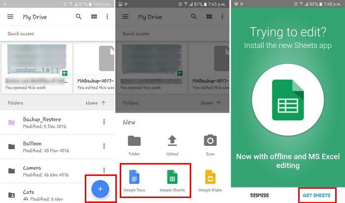 Opzioni per installare Sheets e Docs da Google Drive