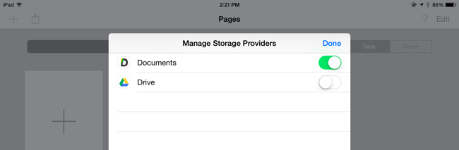 Список доступных мест хранения в iOS после включения поставщика