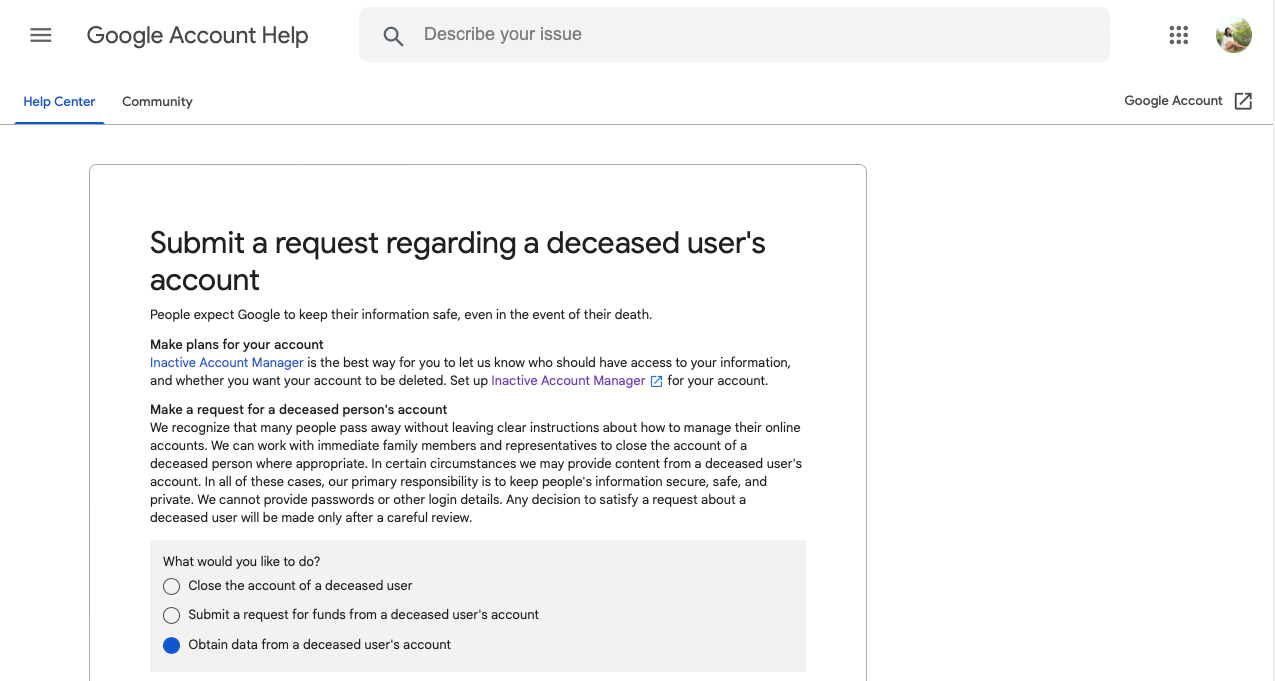 Форма запроса Google о пользователе, который умер