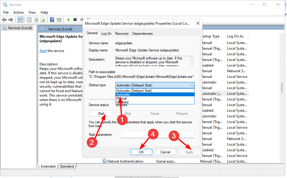 Установка типа запуска службы на Автоматически и кнопка Запустить