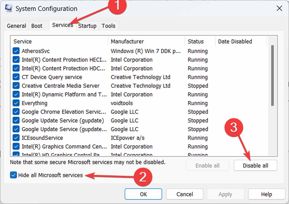 Скрытие служб Microsoft в конфигурации системы