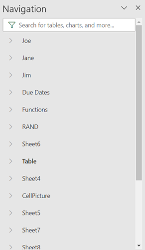 Список листов в панели навигации