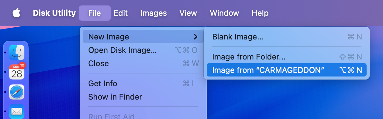 Опция New Image From в Дисковой утилите